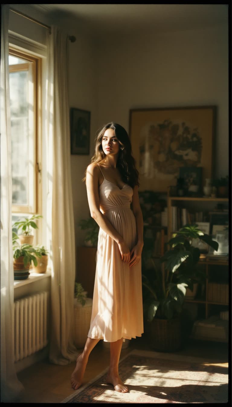AI generated: A woman stands in the room wearing a light dress that reflects her figure gracefully, bathed in sunl...