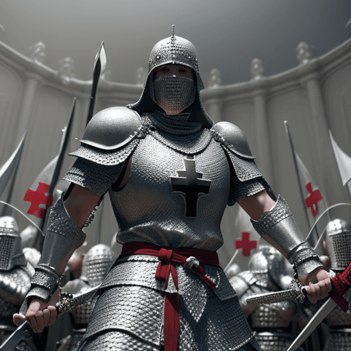 AI generated: a hyper-realistic CGI 3D render showcasing a first-person perspective of a a crusader dressed in his...