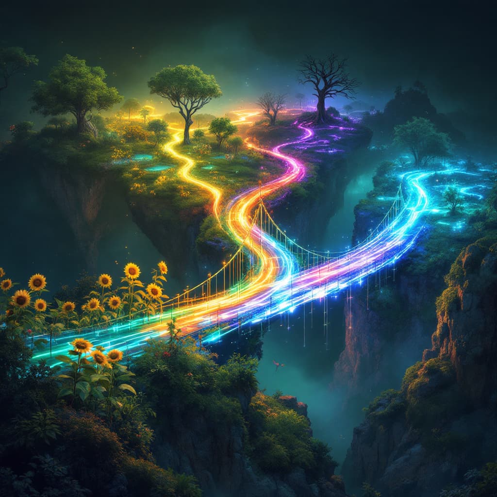 AI generated: 
"Create an photorealistic pictue of a bridge made entirely out of glowing, colorful lights that con...