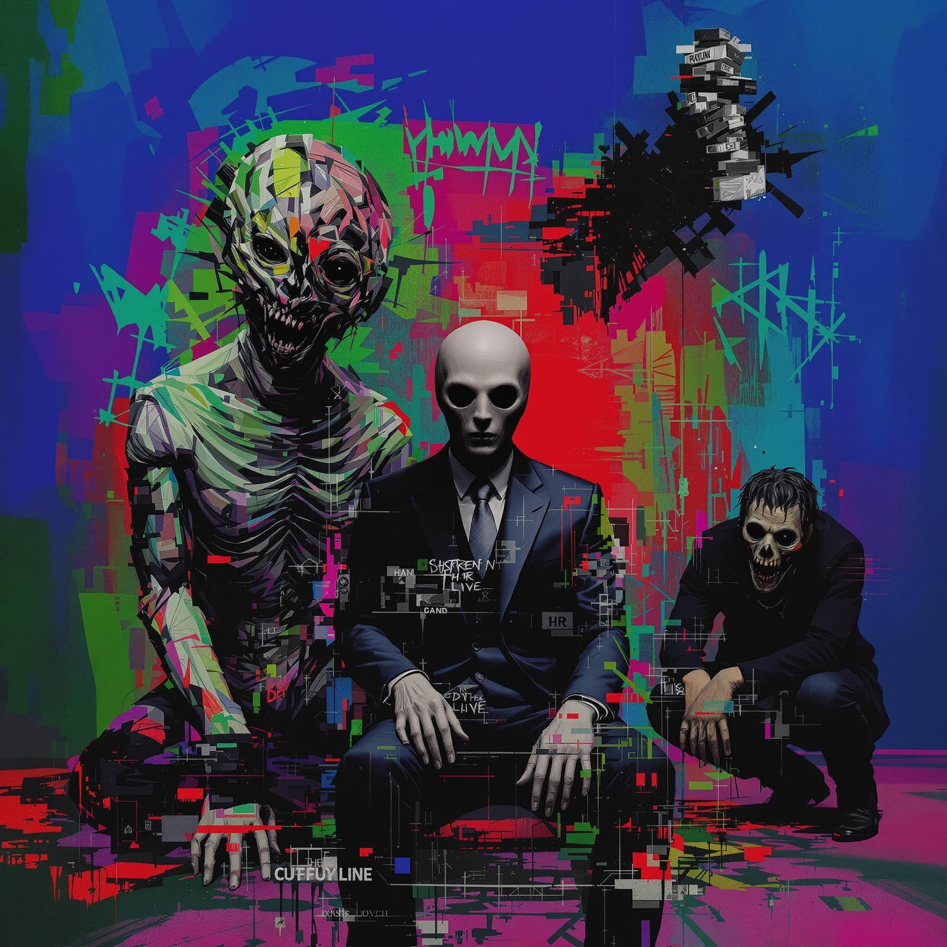 AI generated: A surreal, abstract artwork featuring three figures. The central figure is seated in a dark suit, wi...