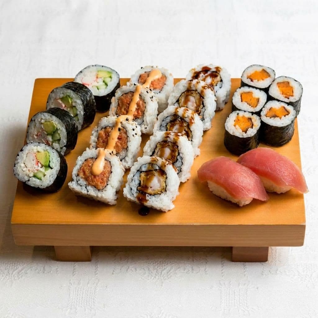 AI generated: Haz un combo con 5 Maki California, 5 Uramaki Atún picante, 5 Uramaki Gambón rebozado, 5 Maki Boniat...