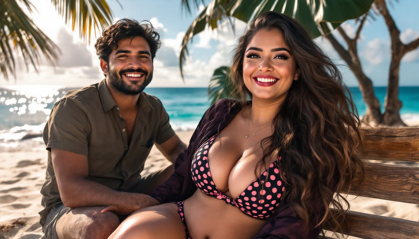 AI generated: hot Indian smiley sexy medium plus size woman with a sexy man by her, the girl full image bikini sli...