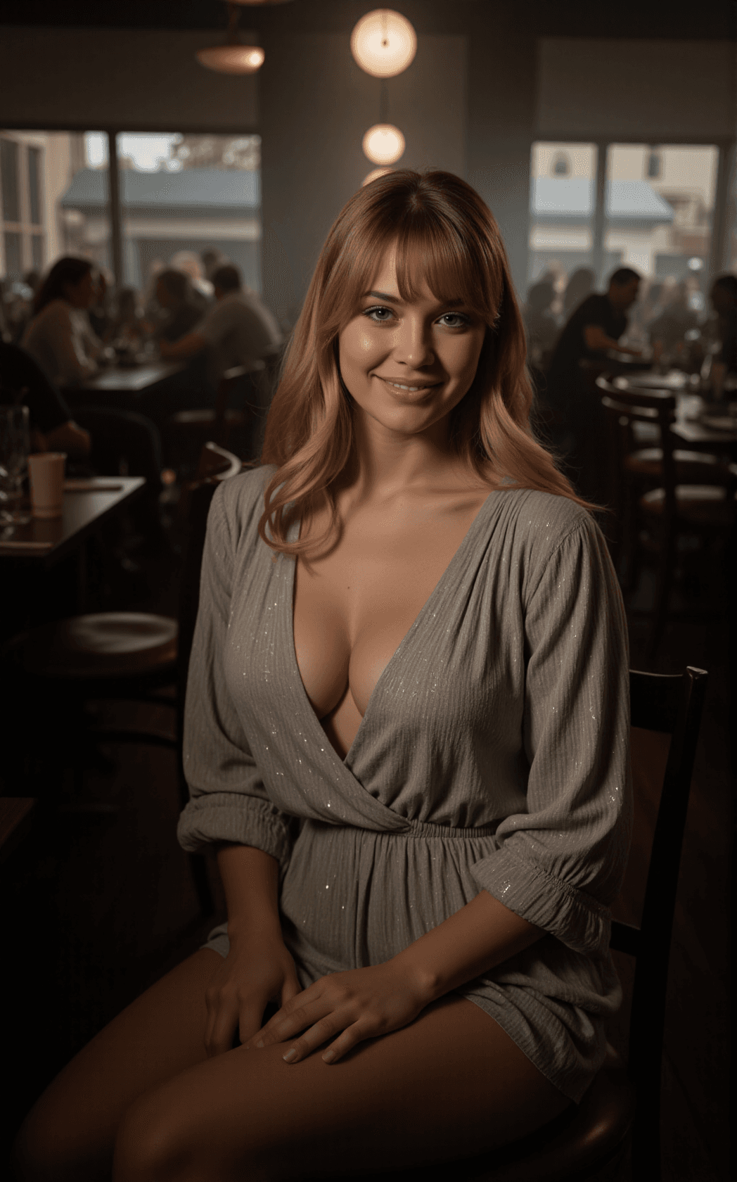 AI generated: A woman sits confidently on a chair in a bustling restaurant, her long blonde hair with soft bangs a...