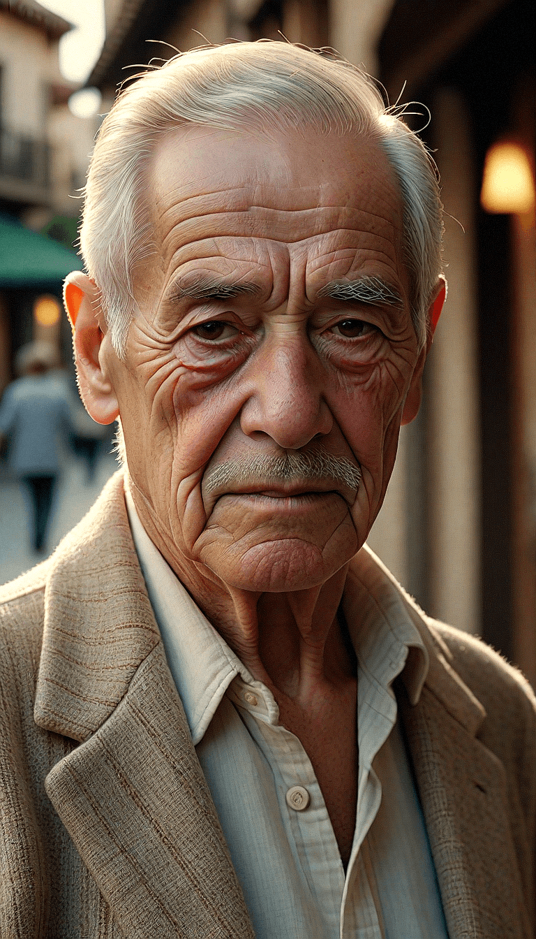 AI generated: An elderly man expressing a mix of nostalgia and contentment. Wisdom and life experiences through fa...