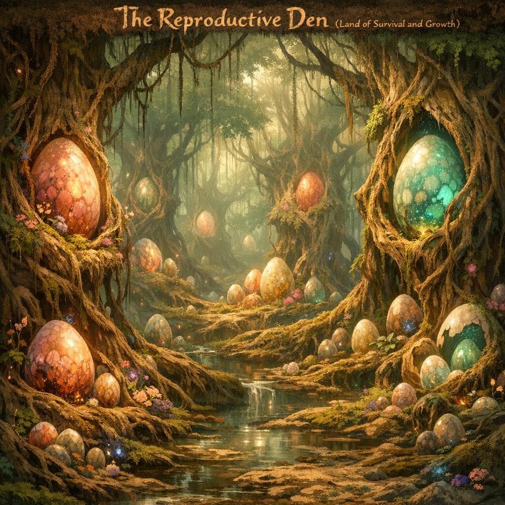 AI generated: Create a new and unique environment/Biome of  Instinct→ The Reproductive Den (Land of Survival and G...