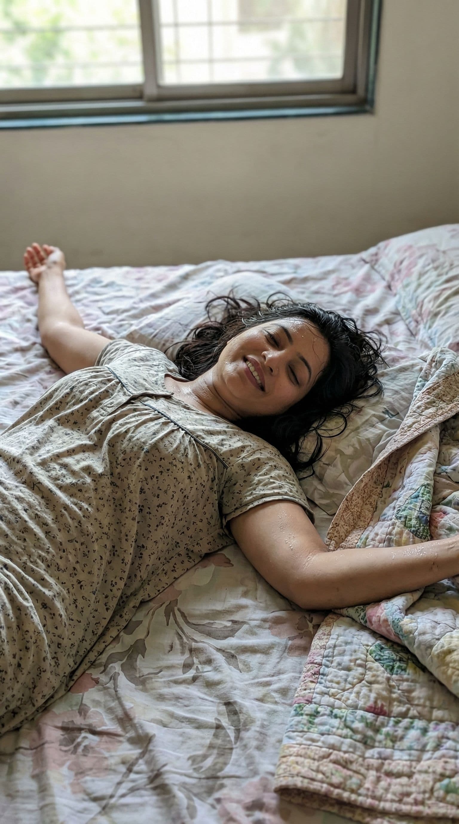 AI generated: The girl is lying completely naked on the bed with her arms spread out on both sides. The girl's hai...