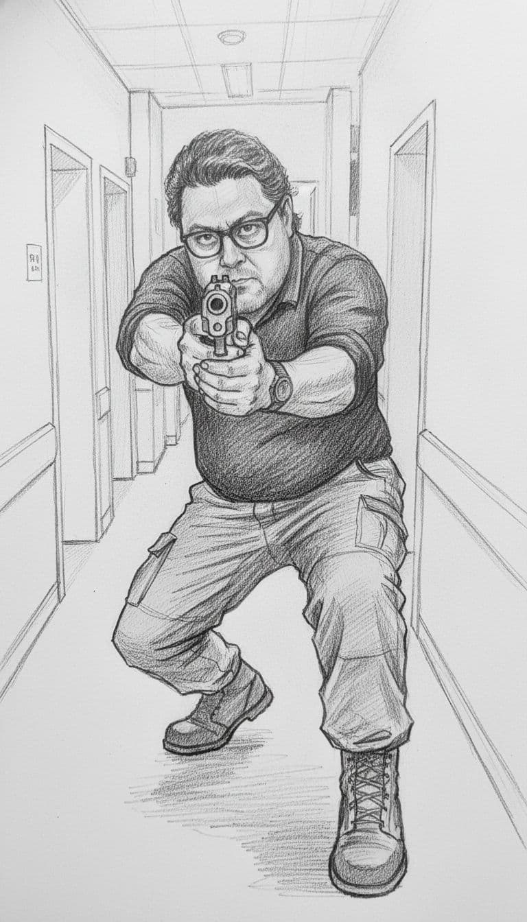 AI generated: Paulo in the style of a pencil sketch drawing, action pose with gun drawn and ready to shoot --ar 1:...