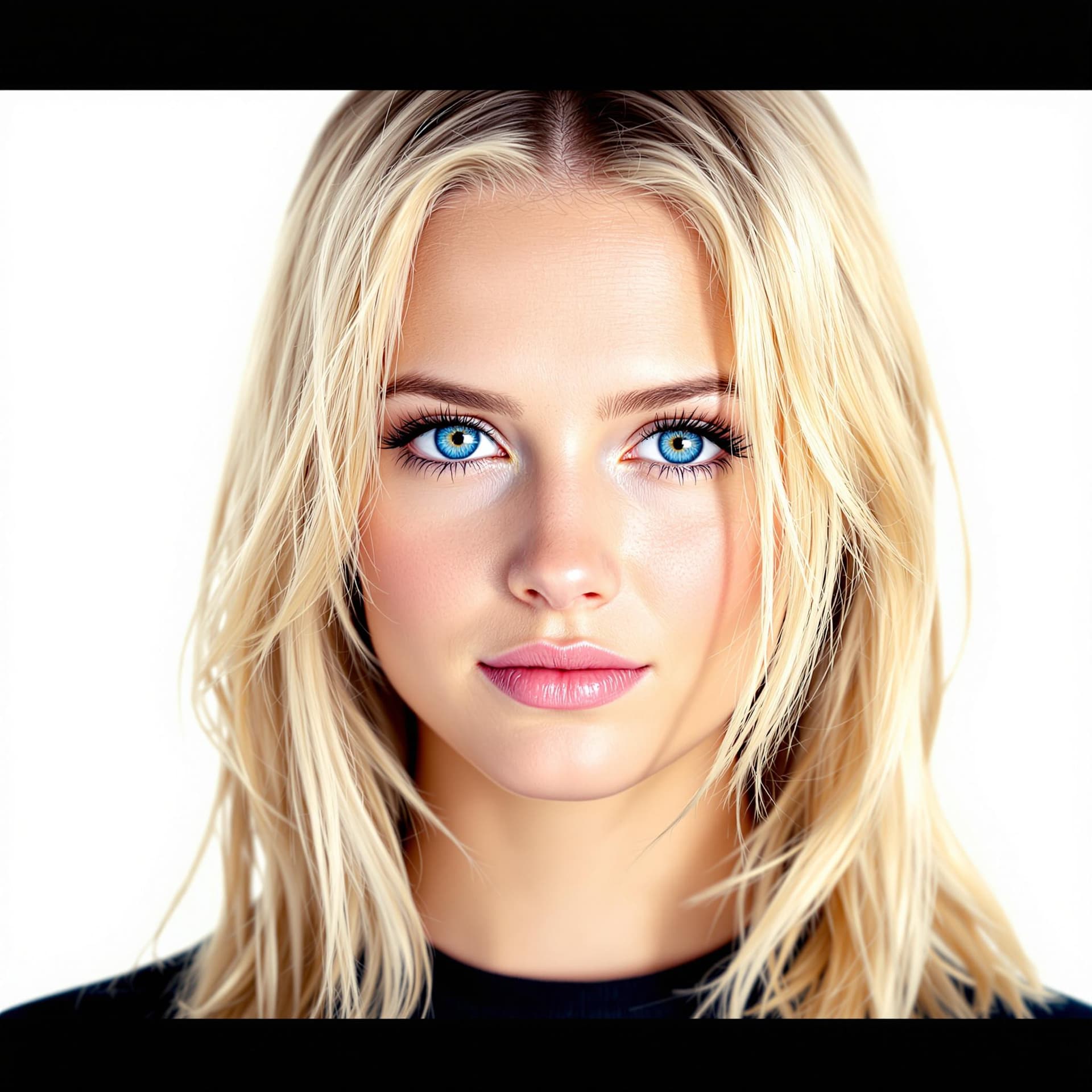 AI generated: blonde girl, blue eyes, white background