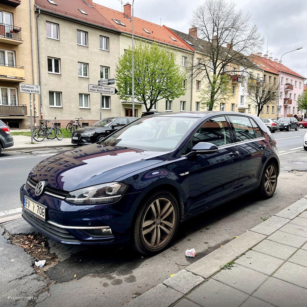 AI generated: smartphone photo taken by a random person on the street, dark blue Volkswagen Golf parked on a typic...