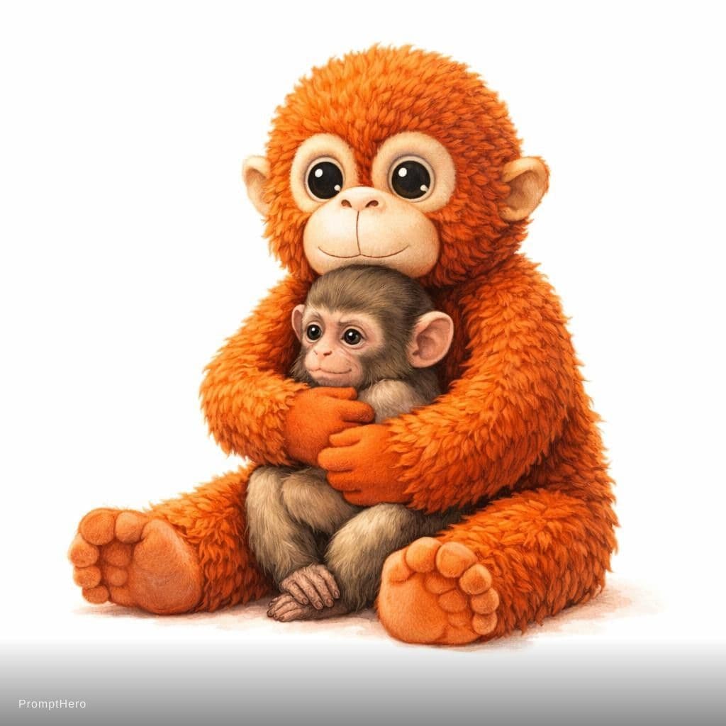 AI generated: storybook style illustration, tiny baby monkey sitting safely in the arms of a large orange plush st...