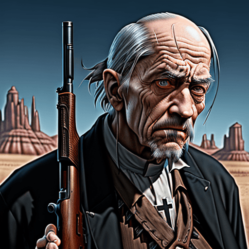 AI generated: a sad looking old priest, with a shotgun, wild west style, 8k