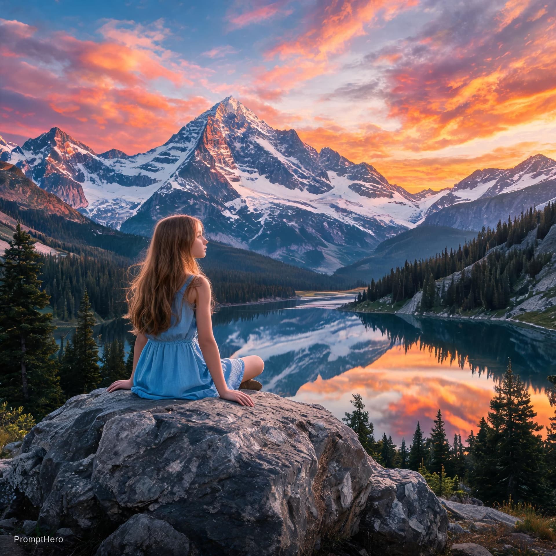 AI generated: the girl is sitting on a rock, impressive landscape