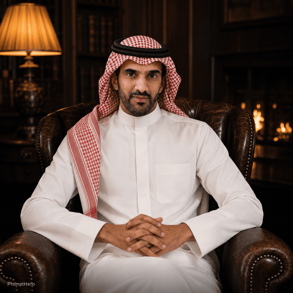 AI generated: man wearing an elegant, tailored white thobe made from premium fabric, paired with a neatly styled r...