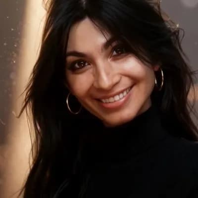 AI generated video: Model smiles as her hair is blown by a mild wind