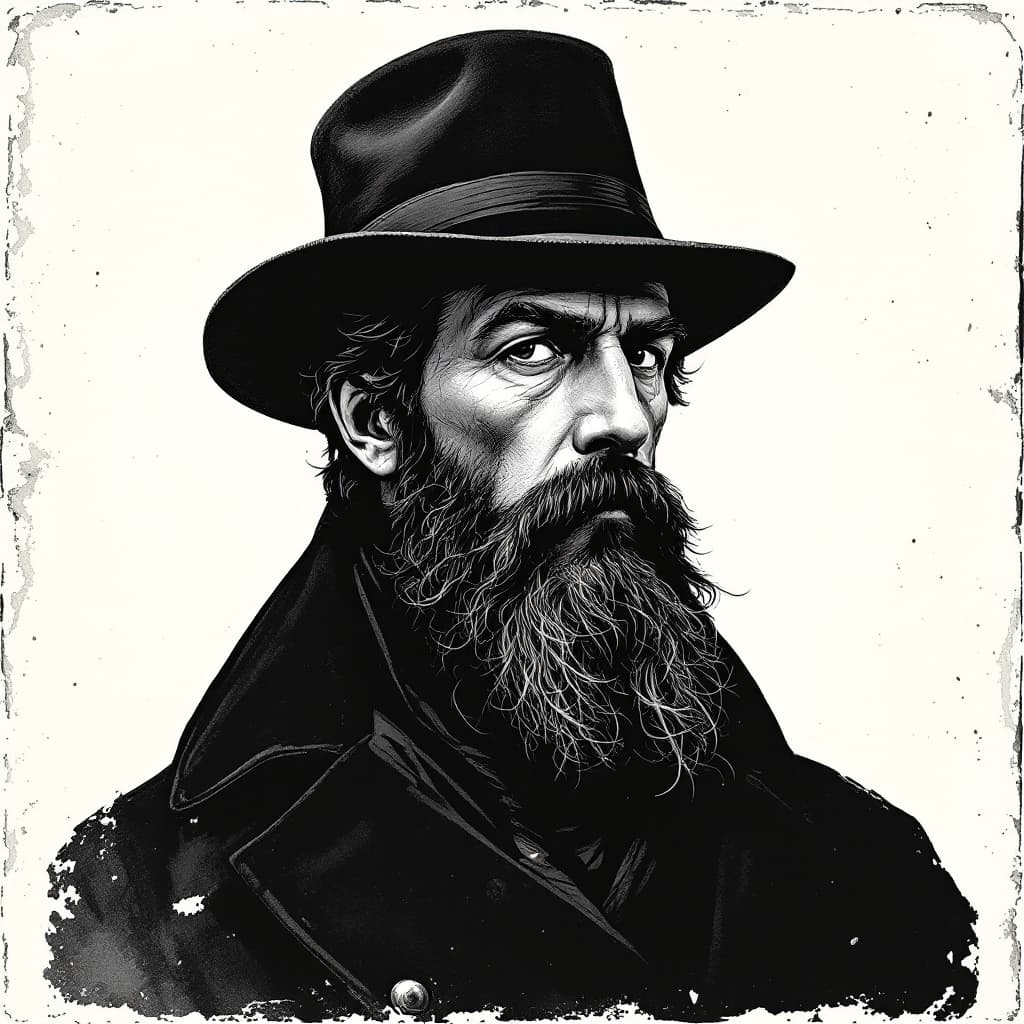 AI generated: a black and white classic artistic reproduction of Captain Nemo wearing a black fedora and a close c...
