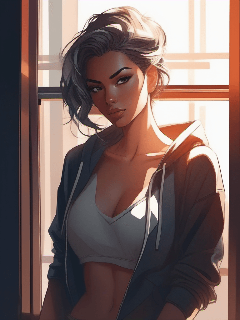AI generated: half body portrait of a beautiful girl by a window, hoodie, dynamic lighting, shadows, sultry, anime...