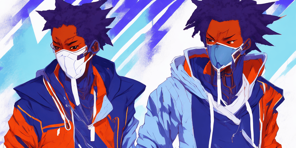AI generated: african american anime character dressed in blue and orange jacket and samurai mask, in the style of...