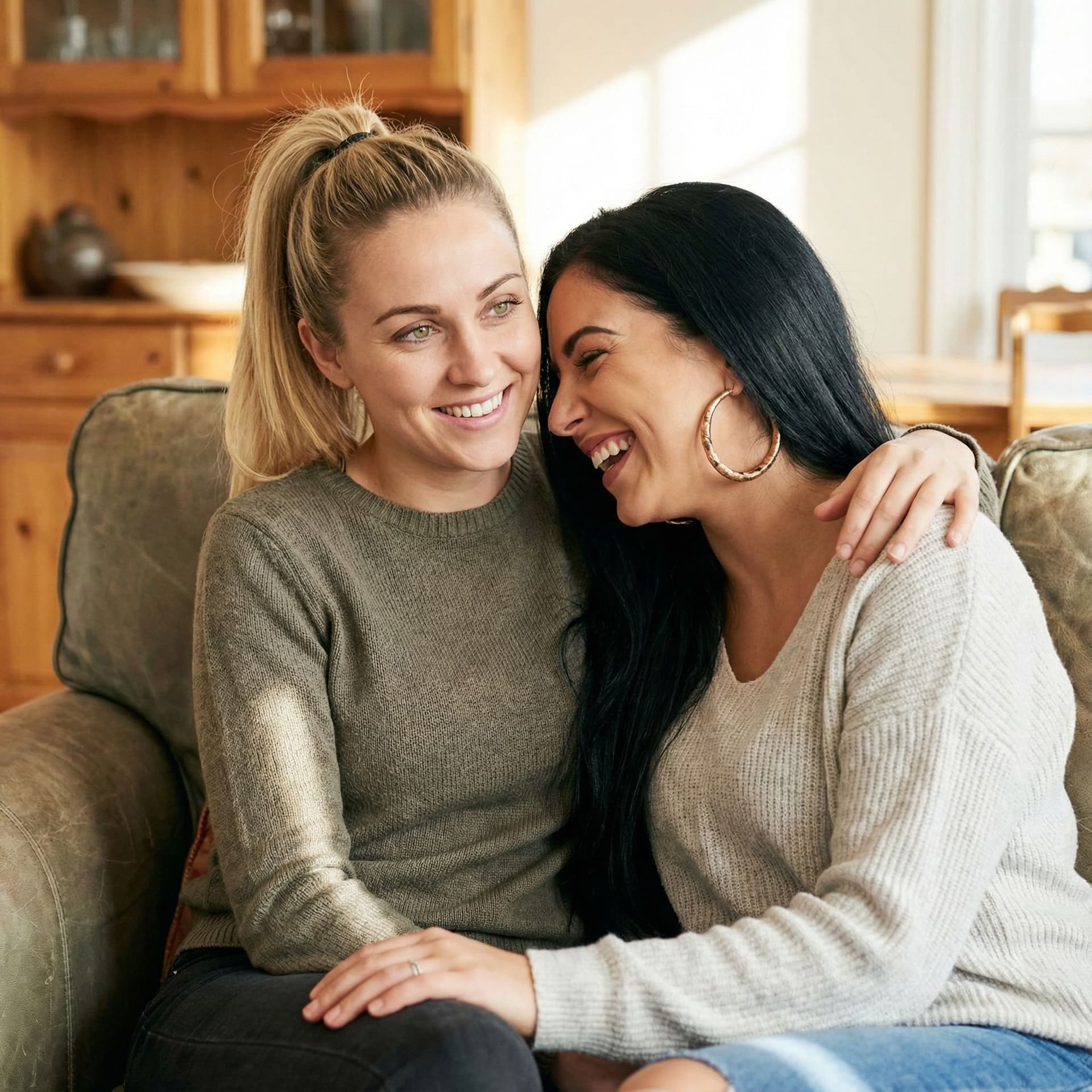 AI generated: Portrait of a loving lesbian couple, one woman has long blond hair in a ponytail and green eyes. Her...