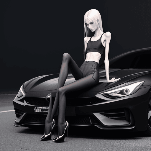 AI generated: a needle-thin anorexic girl with skinny long legs and long skinny calves in high heels with long hoo...