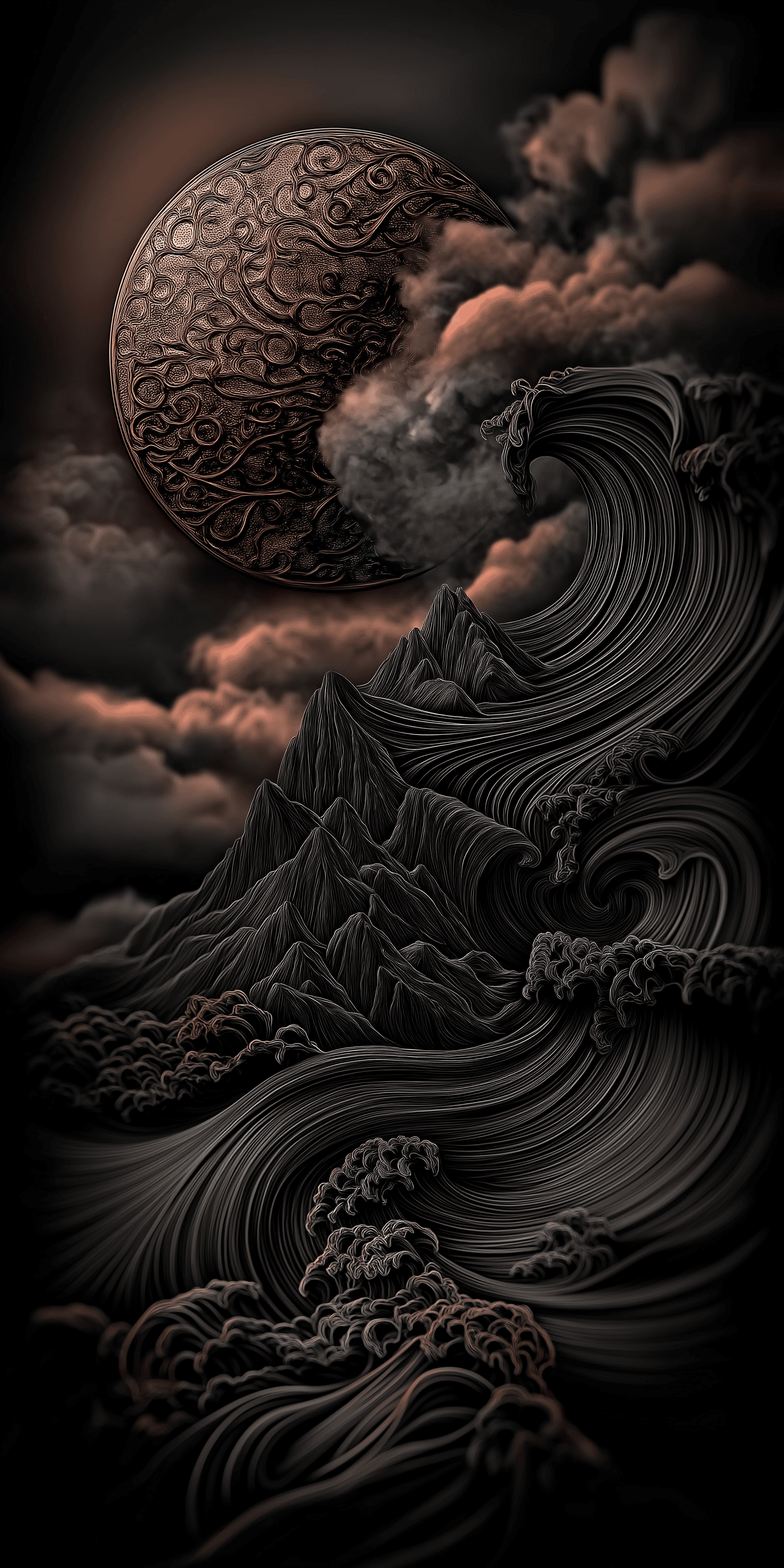 AI generated: A dark fantasy illustration of an ocean with rolling waves, the sky is filled with swirling clouds a...