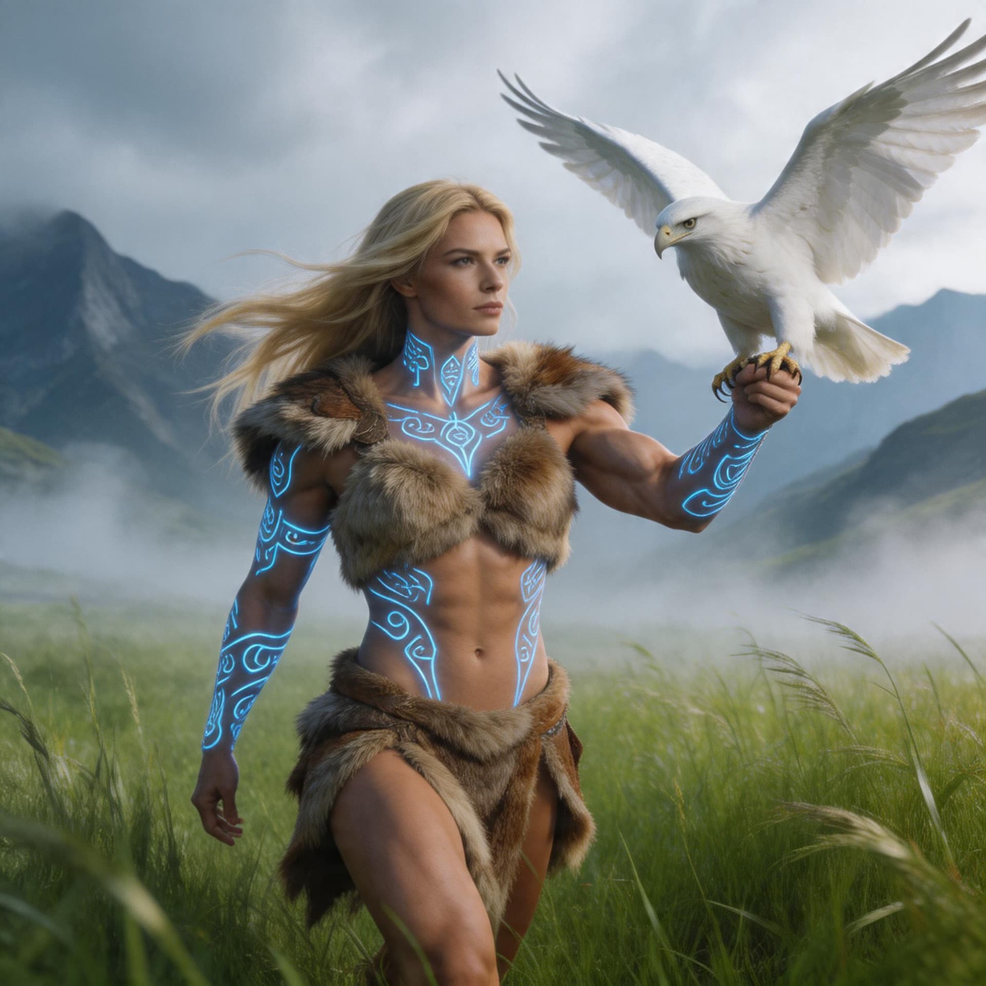 AI generated: Super realistic cinematic video of a gorgeous muscular and very fit woman with long blond hair, clad...