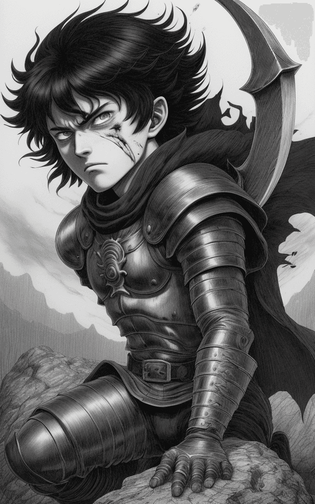 AI generated: monochrome, a man with big eyes, brown hair with tuft, in golden armor, badly injured, manga, ((with...