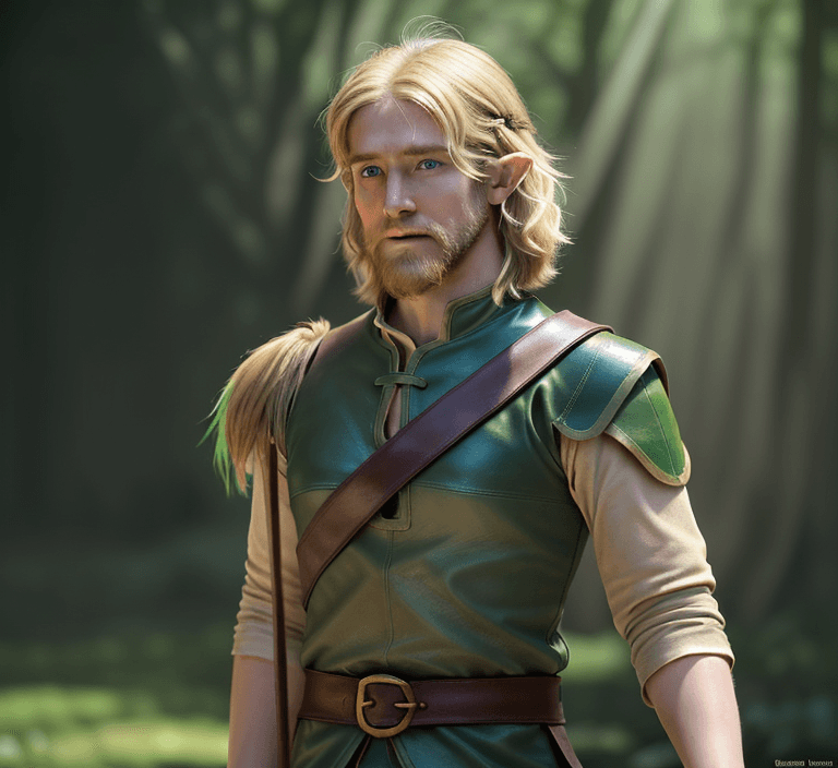 AI generated: high detailed professional upper body photo of a very young half-elf archer with shaggy blonde beard...