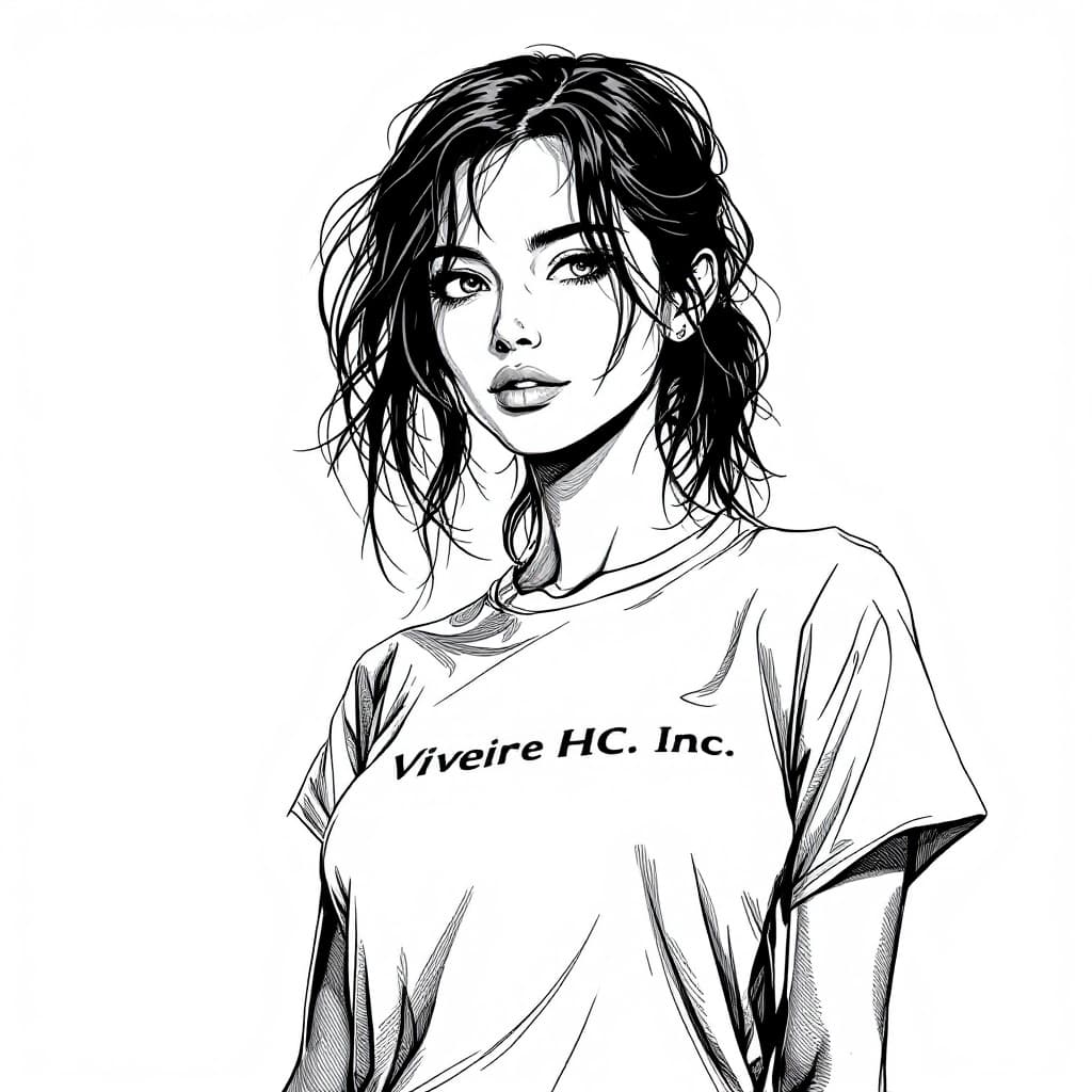 AI generated: black and white portrait of a woman wearing a white tshirt with the logo "Viveire HC. Inc.", in the ...