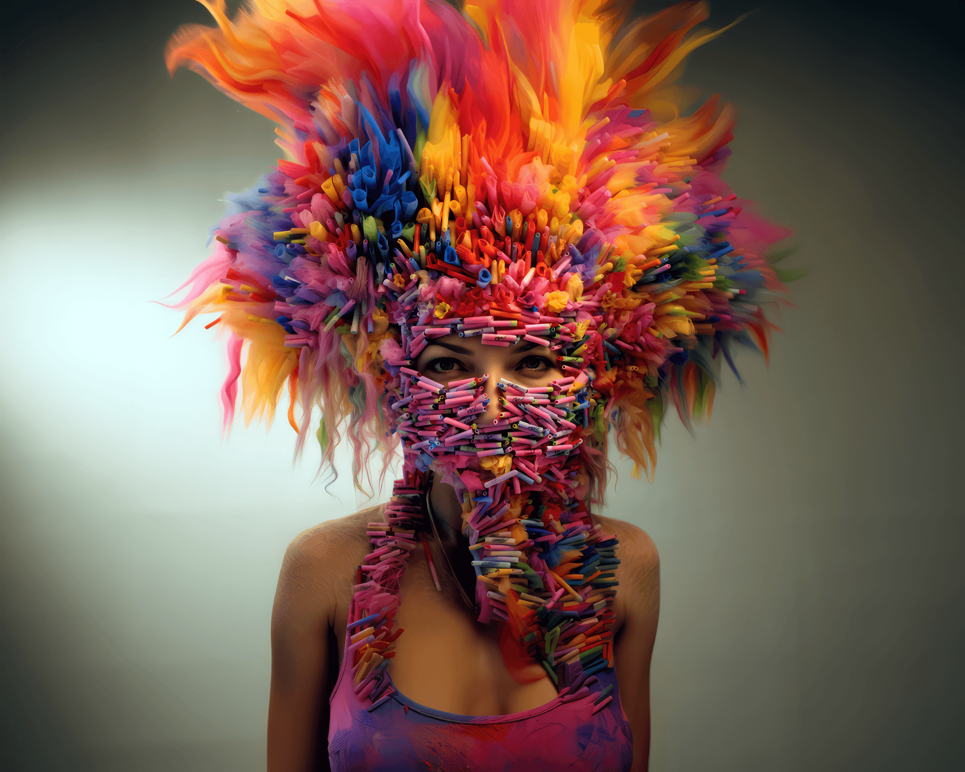 AI generated: Crayons as mask: Artistic expression Vivid colors on pink Face obscured by creativity Ephemeral arti...