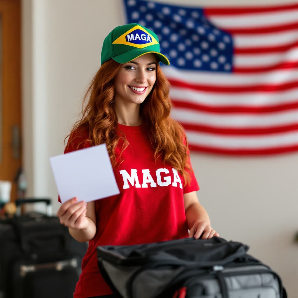 AI generated: Generate a red-haired woman with wavy hair wearing a red shirt with the text "MAGA" and a cap in the...