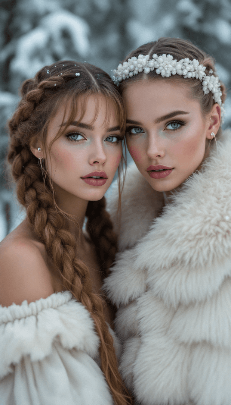 AI generated: fashion photoshoot of 2 Siberian women with braided hair, wearing a white haute couture puffy dress,...