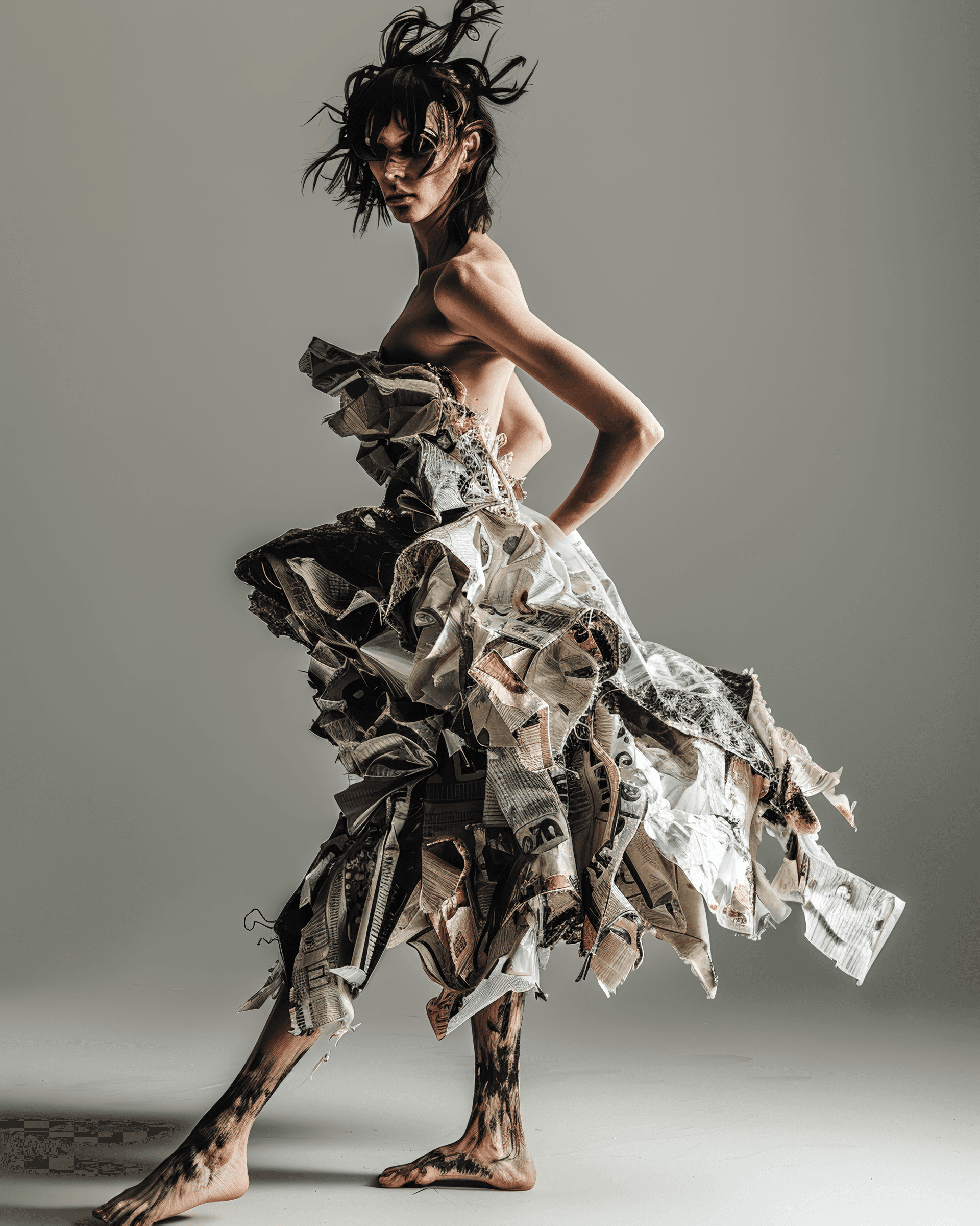 AI generated: high fashion portrait of a woman with rough skin, wearing a dress made from tattered plastic bags an...