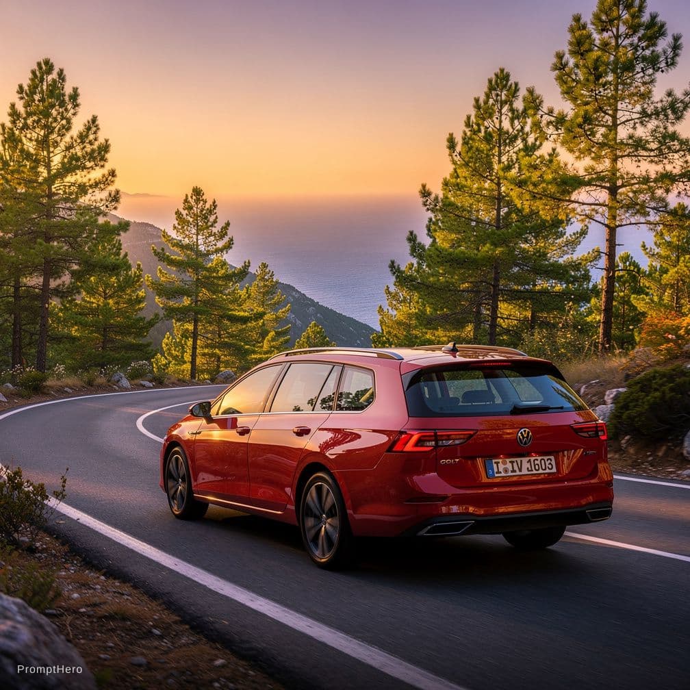 AI generated: Vw golf variant червен на страхотен планински път по залез, борове покрай пътя, а в далечината се ви...