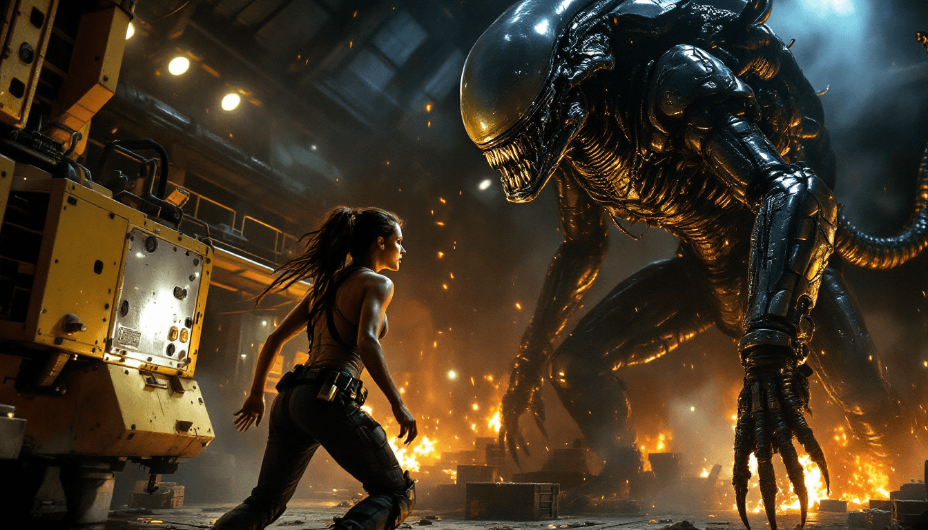 AI generated: The climactic showdown aboard the USS Sulaco cargo bay—Ellen Ripley, clad in a scorched tank top and...