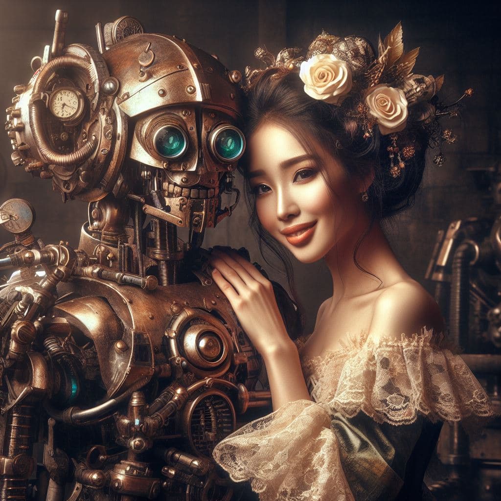 AI generated: beautiful steampunk princess hug a steampunk Robot,all in very detailed steampunk style,photorealist...