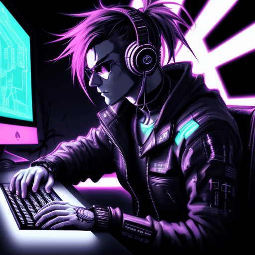 AI generated: Cyberpunk style male, typing on keyboard, wearing headphones, looking towards viewer, active pose, a...