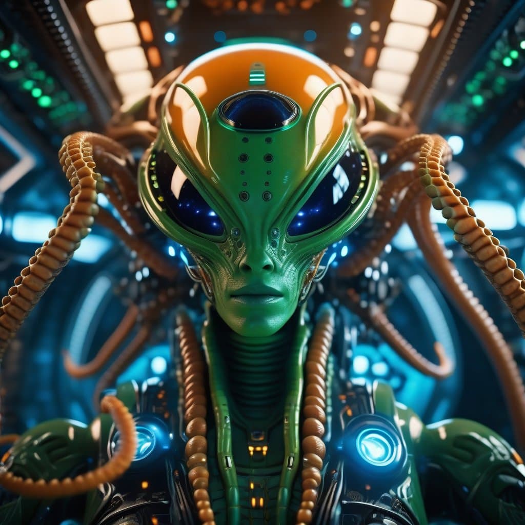 AI generated: highest quality photo of ((alien species)) space explorer (green:8), (orange:6), (blue:7), tentacles...