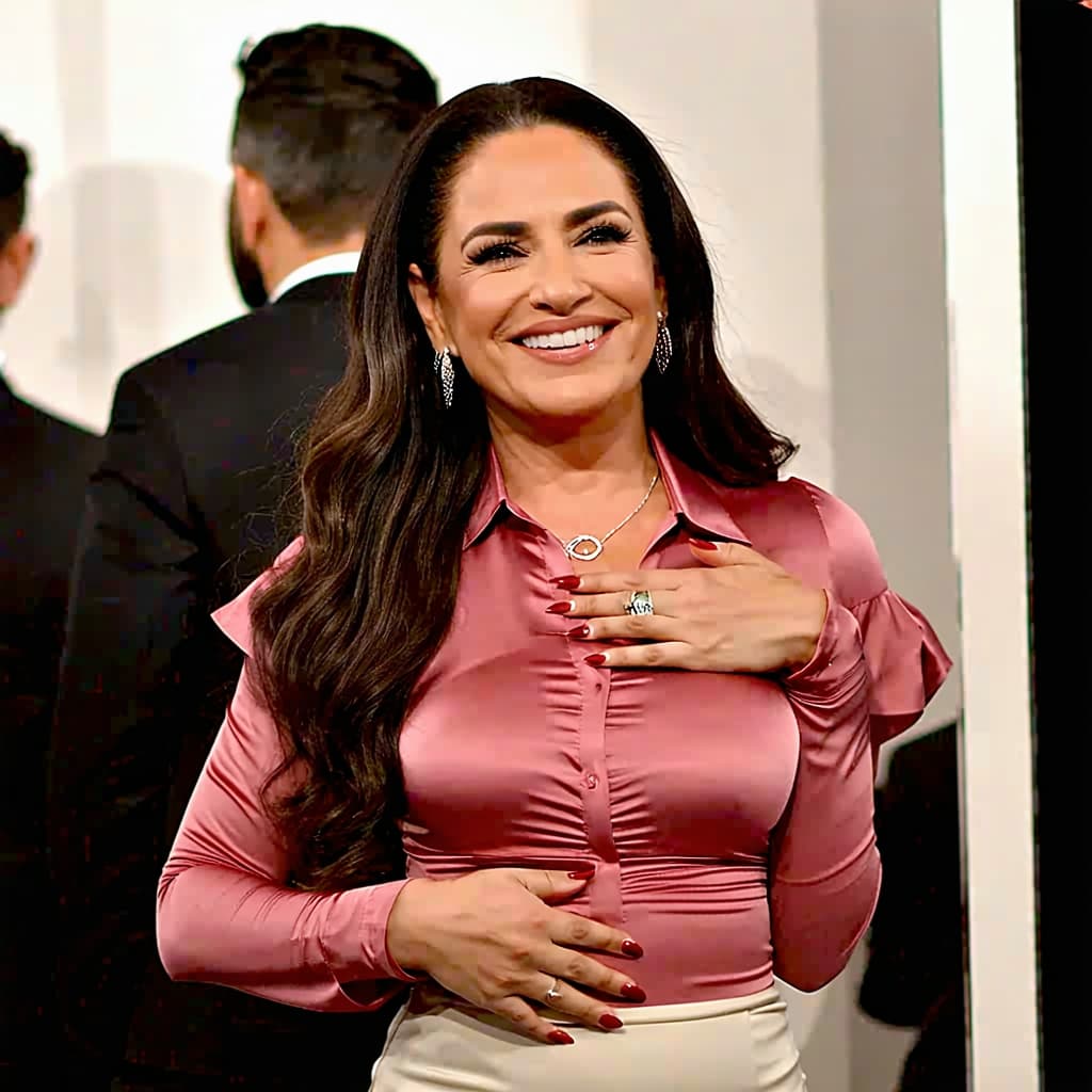 AI generated: Mexican and Lebanese woman wearing beautiful luxurious skin tight blouse and skirt, 10 inches above ...