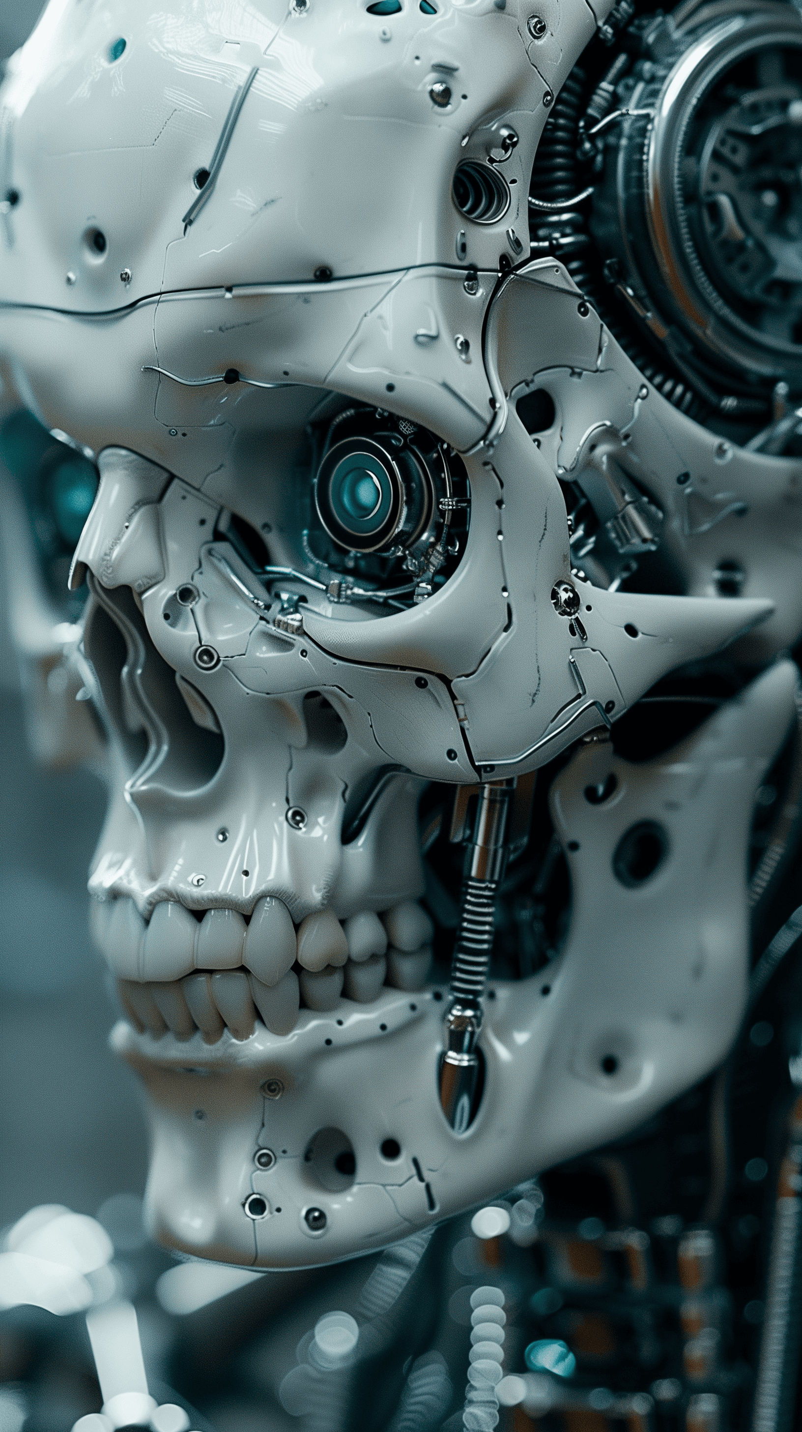 AI generated: detailed depiction of a human skull encased in a sophisticated robotic exoskeleton, blend of biologi...