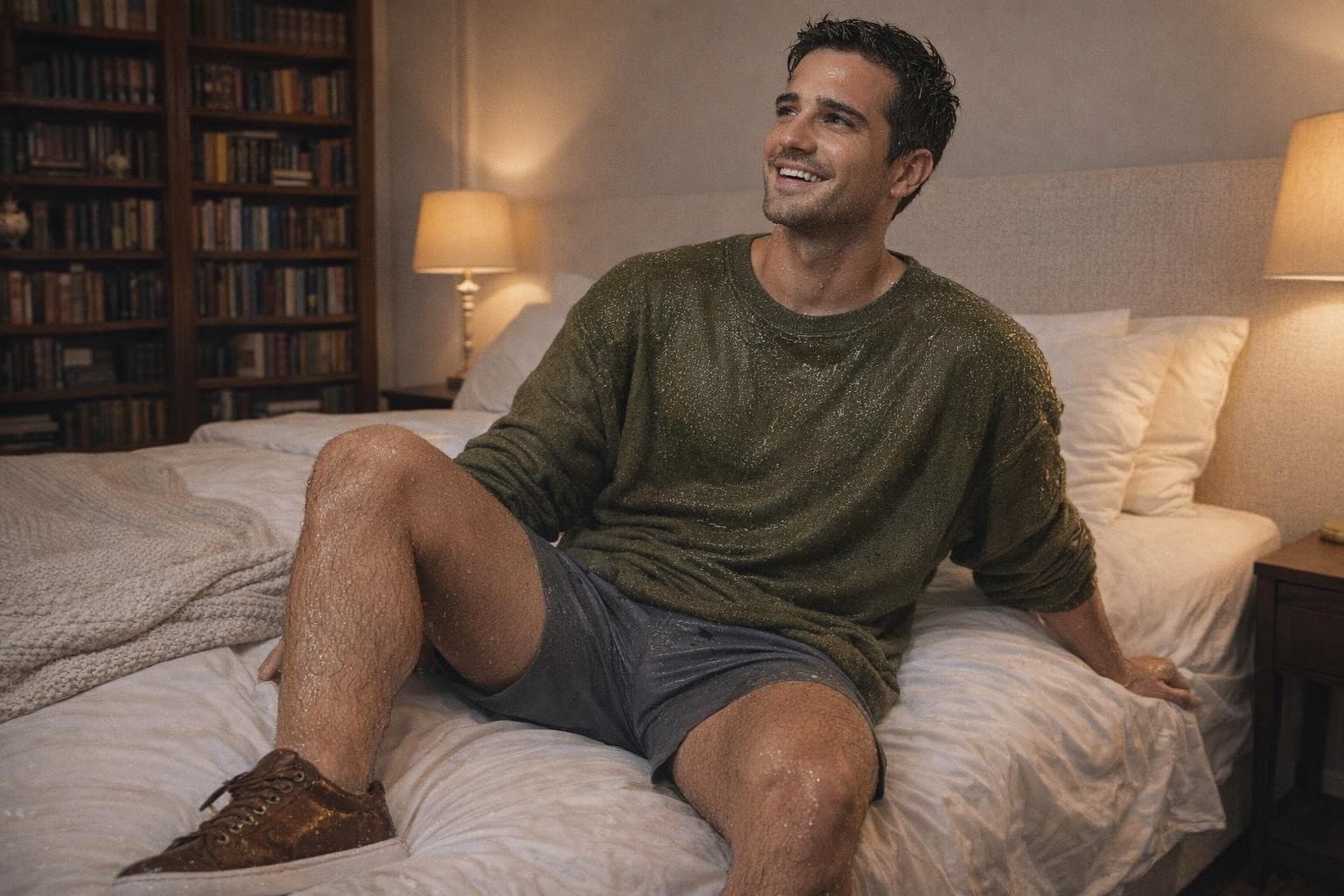 AI generated: The scene is in the bedroom. 

The model is sit up on the bed. He has a smiley expression on his fac...