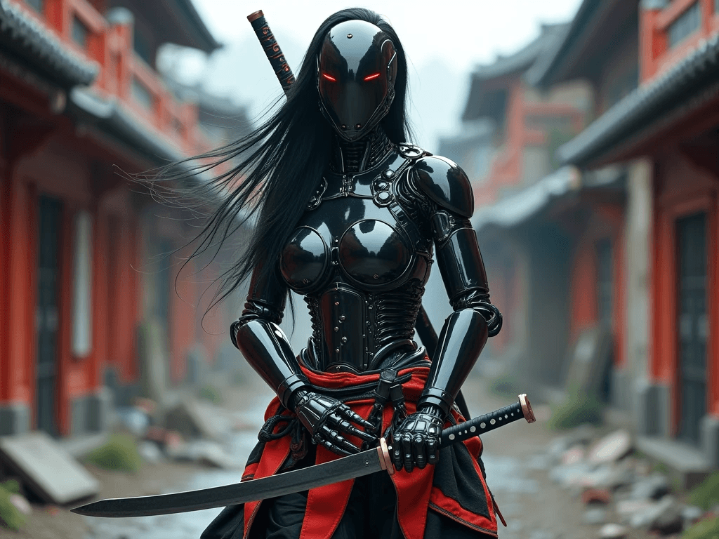 AI generated: Cyberpunk, female robot samurai,  in the middle of a dilapidated street, the samurai robot woman, fu...