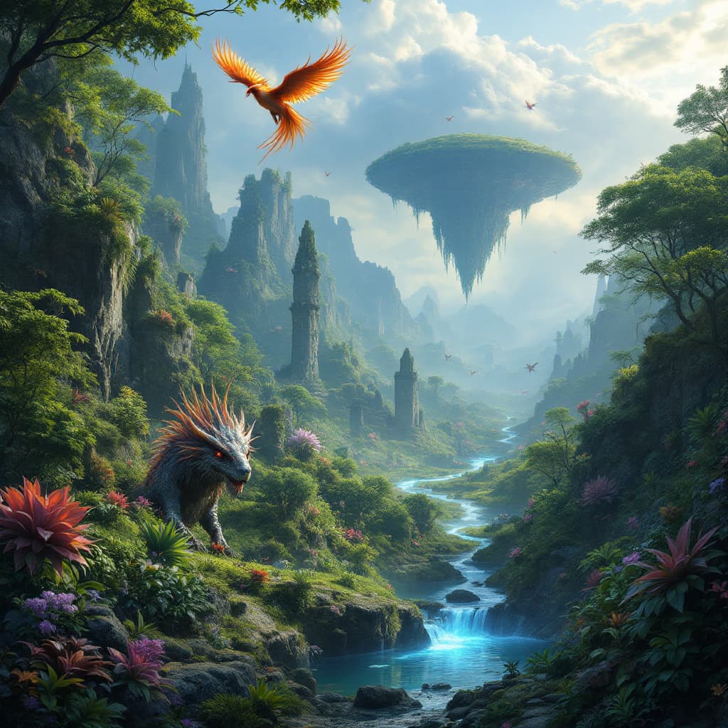 AI generated: A fantastical, mysterious landscape set in an ancient, magical world. The terrain is a mix of lush, ...