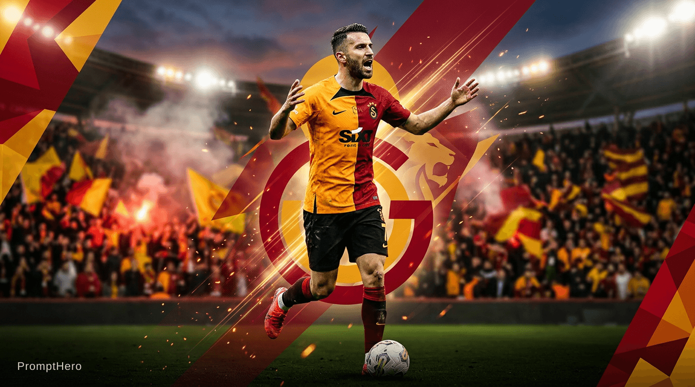 AI generated: Galatasaray soccer club fun wallpaper. A soccer player of Galasaray center of the image.