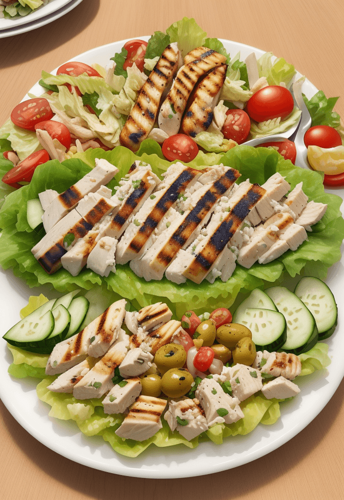 AI generated: Create a plate with grilled golden chicken salad, golden grill, includes the plate, lettuce, tomato,...