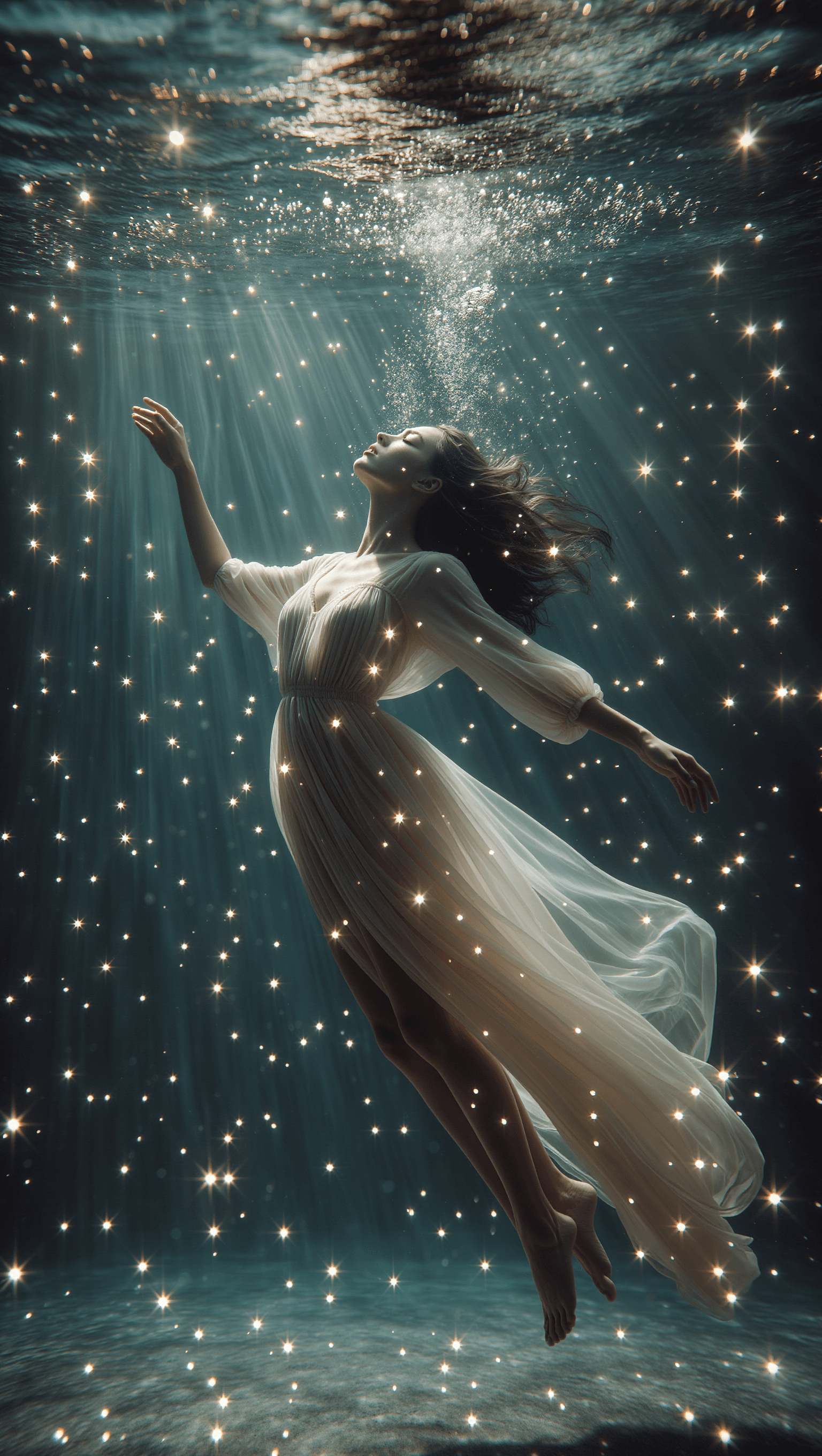 AI generated: (A hyper-realistic, masterpiece-level color photograph:1.3) of a beautiful woman floating underwater...
