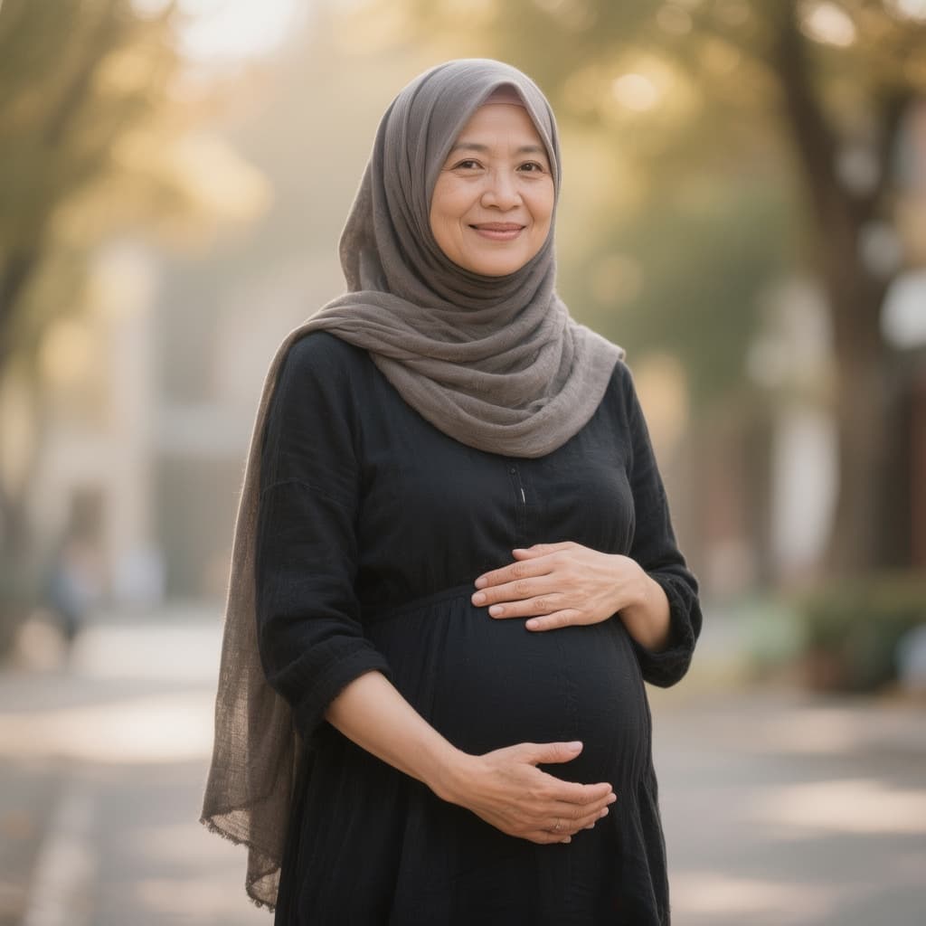AI generated: Pregnant old hijab mother
