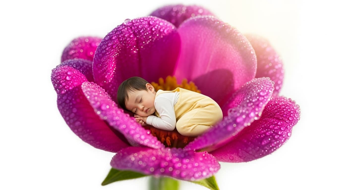AI generated: In the calyx of an exotic flower, an adorable Asian boy lies down and sleeps, white background.