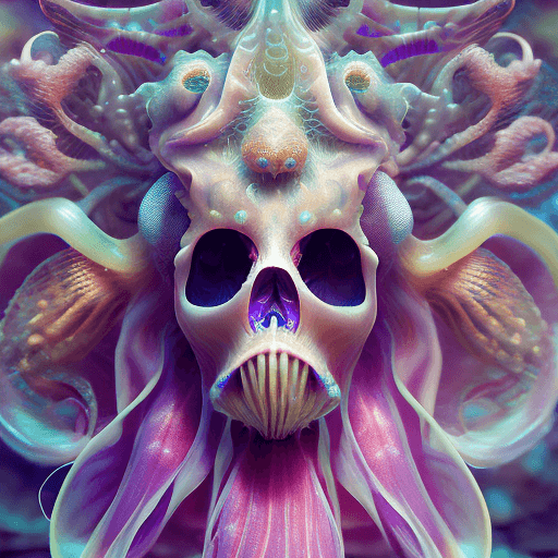 AI generated: Goddess close-up portrait ribcagel. jellyfish phoenix head, nautilus, orchid, skull, betta fish, bio...