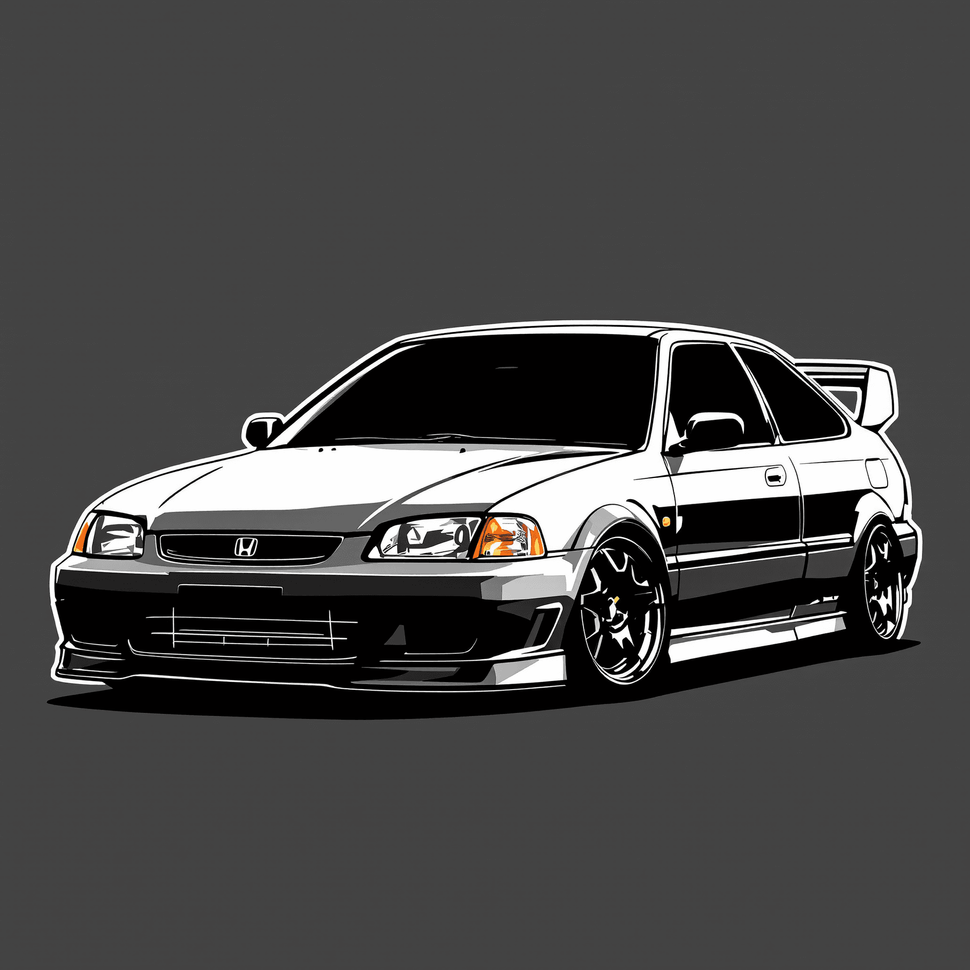 AI generated:  vector of a side profile Honda Civic EG, bold single-line outline, solid black fill, clean geometri...