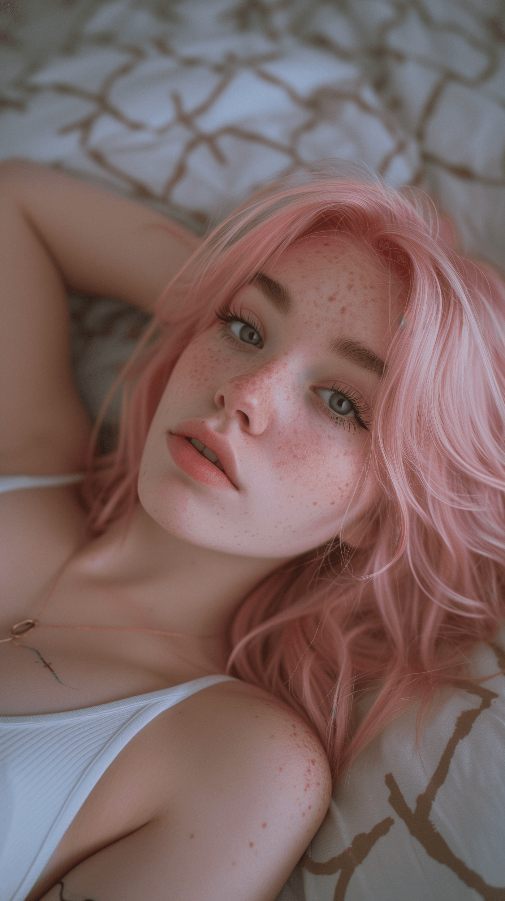 AI generated: A highly detailed, realistic selfie taken by a girl with pink hair and subtle freckles, lying on her...